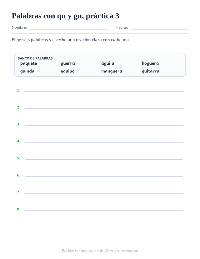 Fichas de dígrafos de palabras con qu y gu, práctica 3