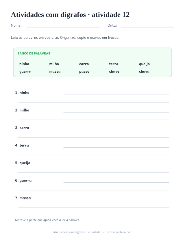 Prévia de Atividades com dígrafos, atividade 12 para imprimir