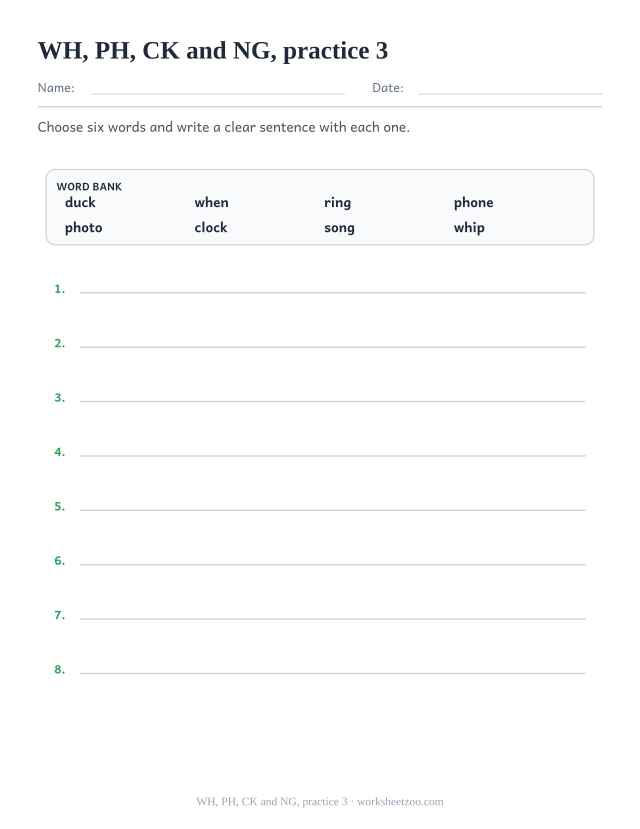 Digraph Worksheets page for WH, PH, CK and NG, practice 3