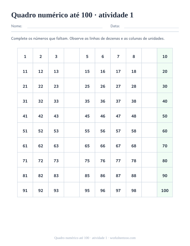 Prévia de Quadro numérico até 100, atividade 1 para imprimir