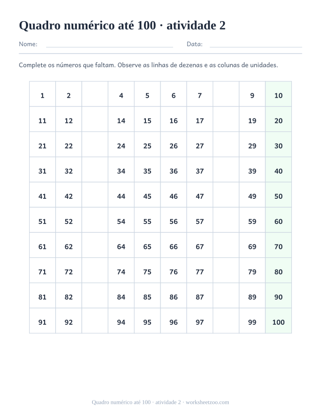 Prévia de Quadro numérico até 100, atividade 2 para imprimir