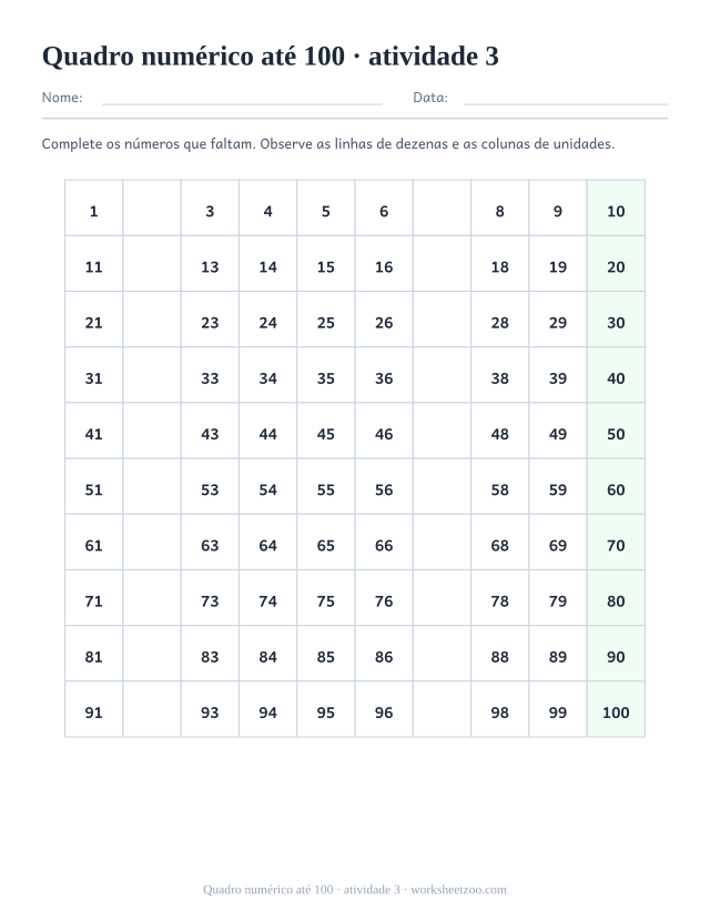 Prévia de Quadro numérico até 100, atividade 3 para imprimir