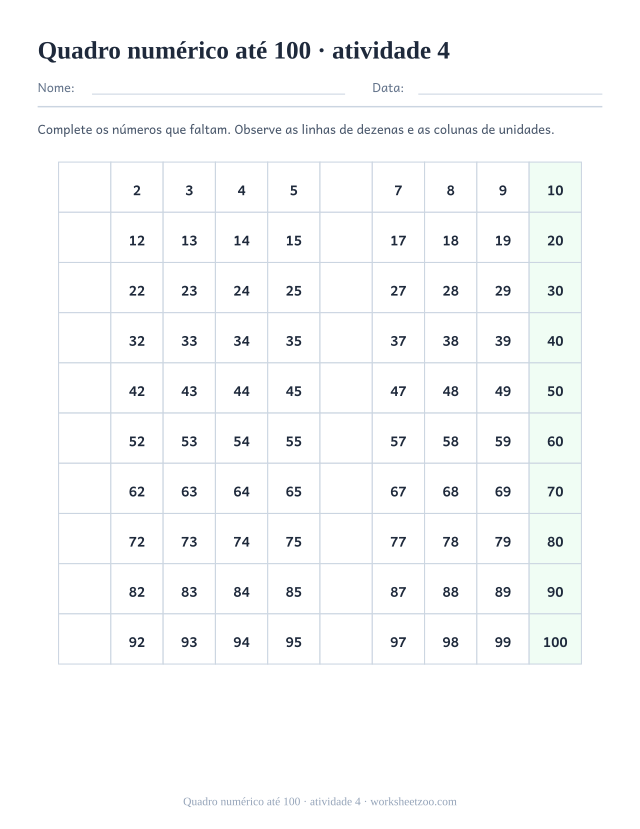 Prévia de Quadro numérico até 100, atividade 4 para imprimir