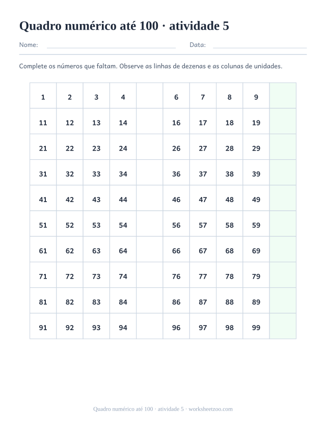 Prévia de Quadro numérico até 100, atividade 5 para imprimir