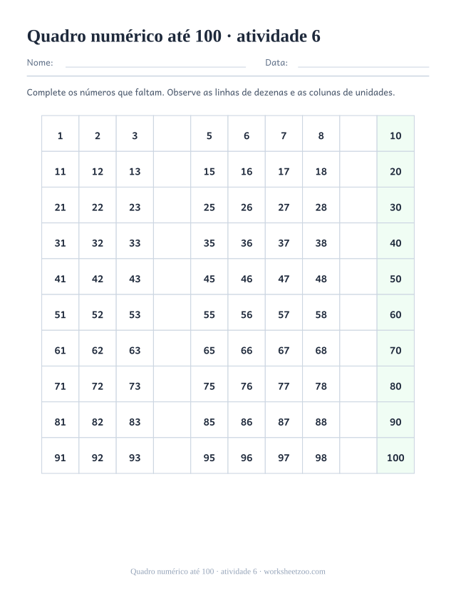 Prévia de Quadro numérico até 100, atividade 6 para imprimir