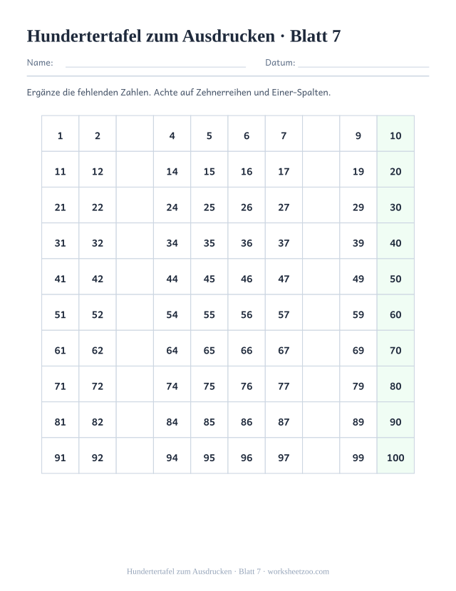 Vorschau: Hundertertafel zum Ausdrucken, druckbares Arbeitsblatt 7
