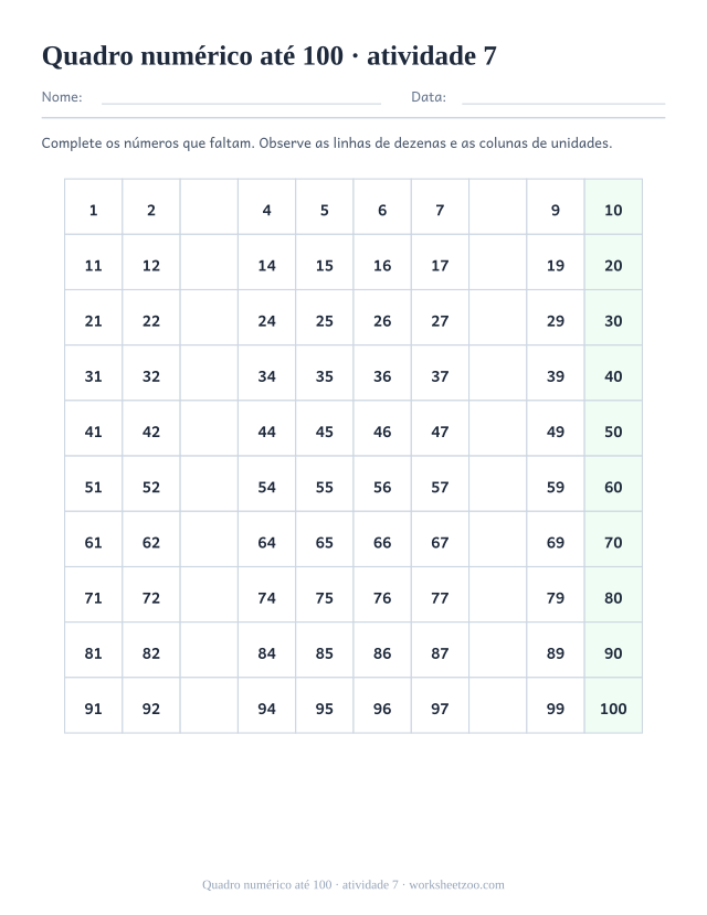 Prévia de Quadro numérico até 100, atividade 7 para imprimir