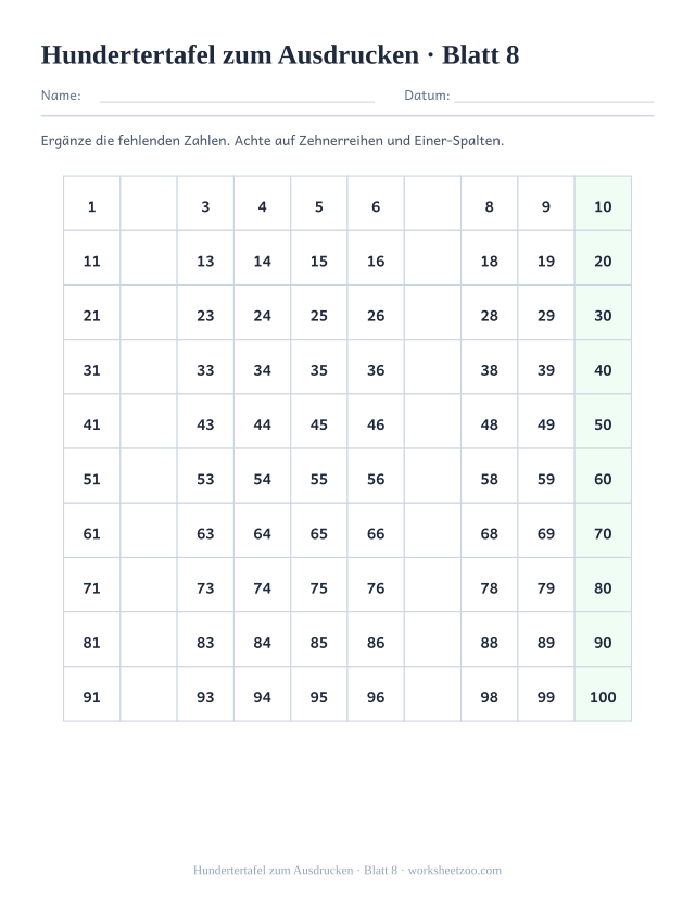 Vorschau: Hundertertafel zum Ausdrucken, druckbares Arbeitsblatt 8