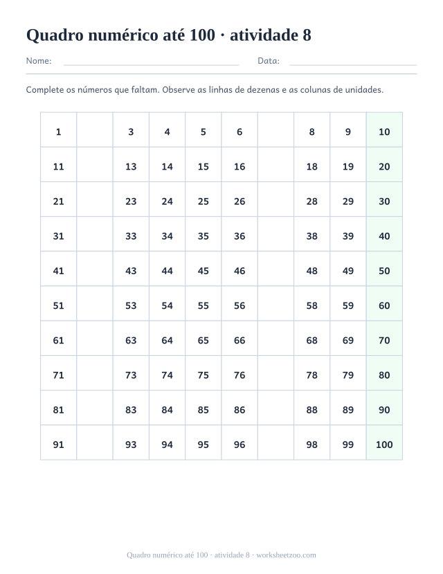 Prévia de Quadro numérico até 100, atividade 8 para imprimir