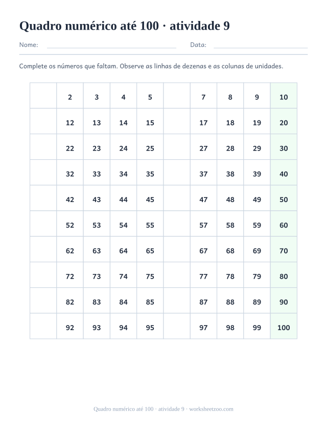 Prévia de Quadro numérico até 100, atividade 9 para imprimir