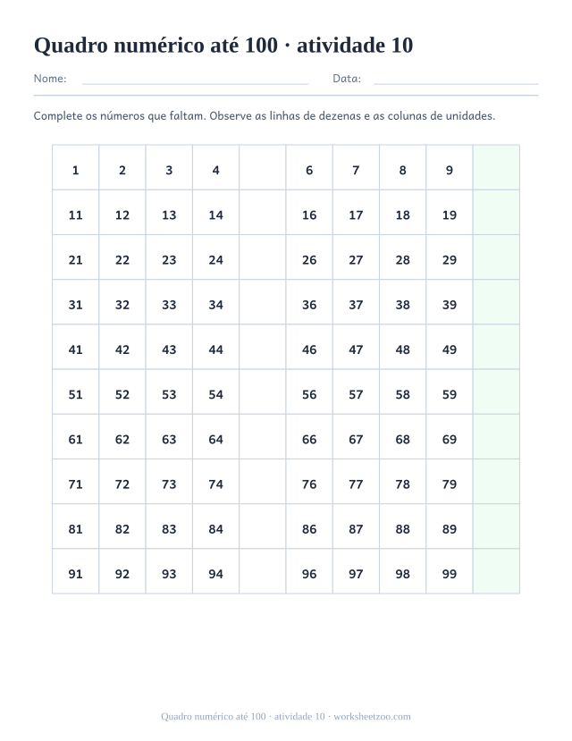 Prévia de Quadro numérico até 100, atividade 10 para imprimir