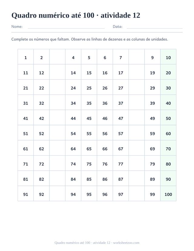 Prévia de Quadro numérico até 100, atividade 12 para imprimir