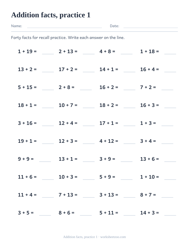 Math Drills page for Addition facts, practice 1
