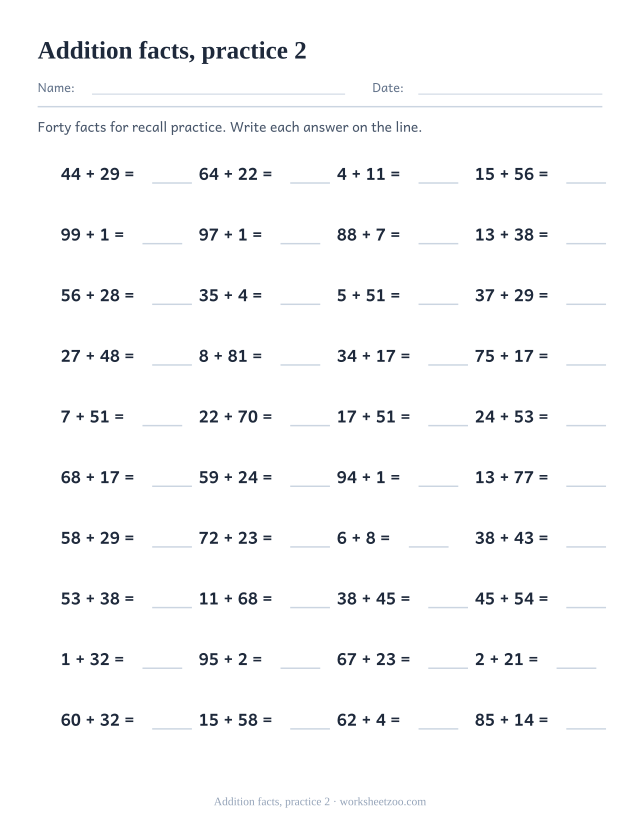 Math Drills page for Addition facts, practice 2