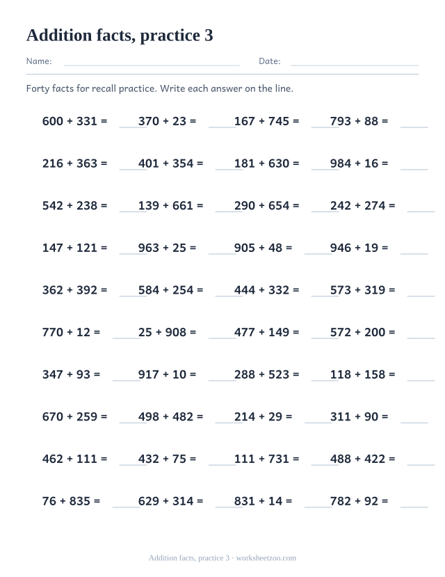 Math Drills page for Addition facts, practice 3