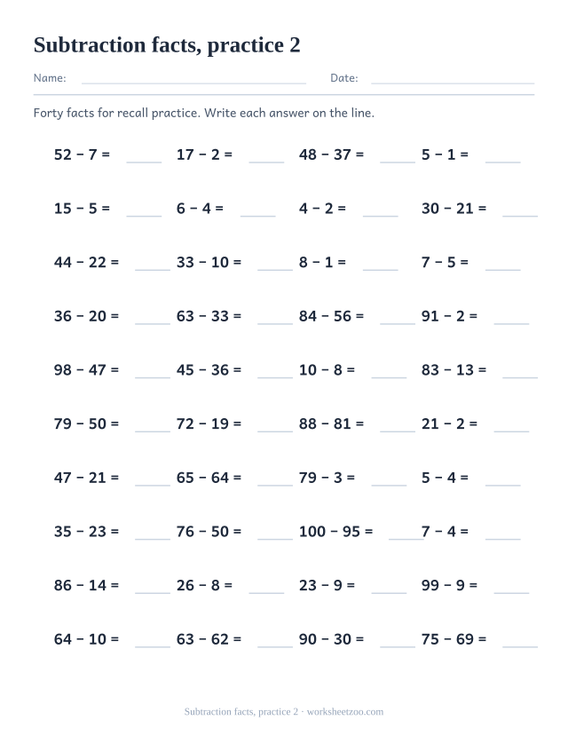 Math Drills page for Subtraction facts, practice 2