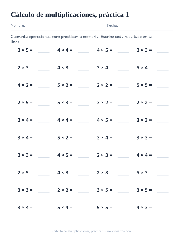 Ejercicios de cálculo de cálculo de multiplicaciones, práctica 1