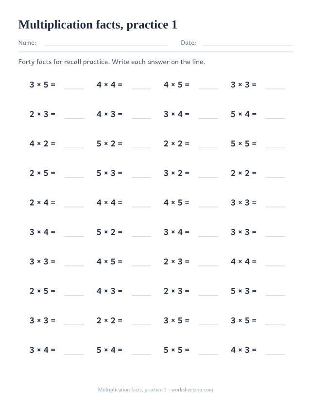 Math Drills page for Multiplication facts, practice 1