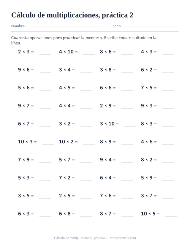 Ejercicios de cálculo de cálculo de multiplicaciones, práctica 2