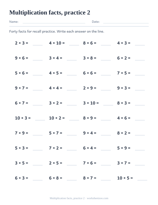 Math Drills page for Multiplication facts, practice 2