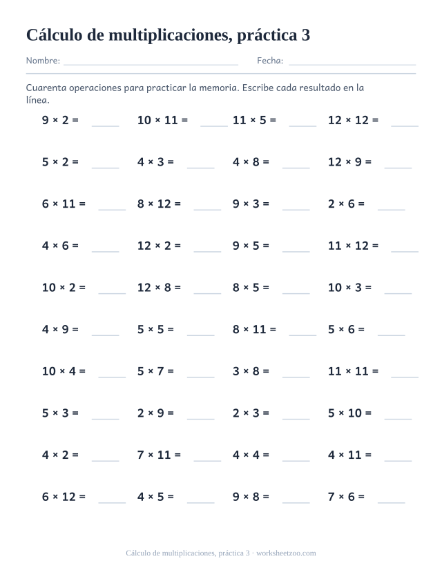 Ejercicios de cálculo de cálculo de multiplicaciones, práctica 3