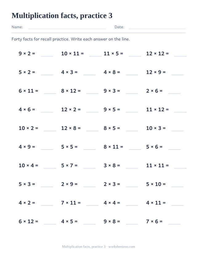 Math Drills page for Multiplication facts, practice 3