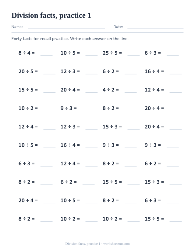 Math Drills page for Division facts, practice 1