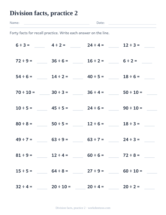 Math Drills page for Division facts, practice 2