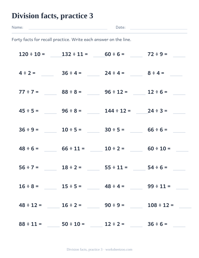 Math Drills page for Division facts, practice 3
