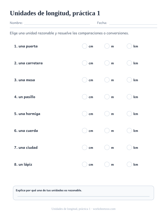 Fichas de medidas de unidades de longitud, práctica 1