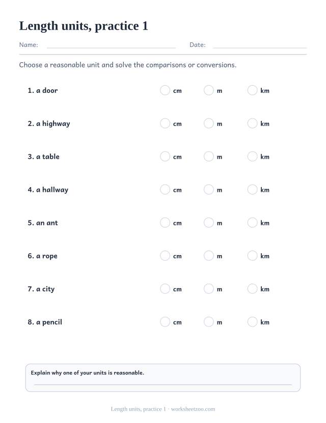 Measurement Worksheets page for Length units, practice 1