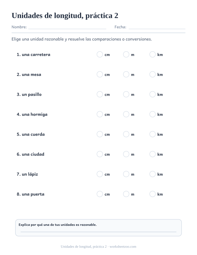 Fichas de medidas de unidades de longitud, práctica 2