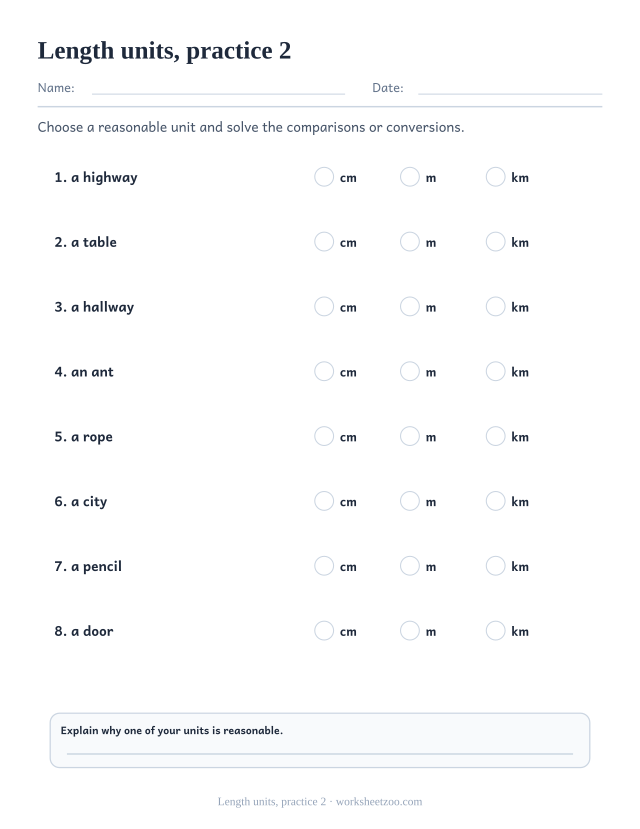Measurement Worksheets page for Length units, practice 2