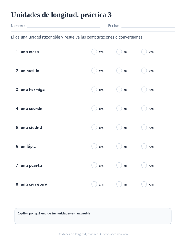 Fichas de medidas de unidades de longitud, práctica 3