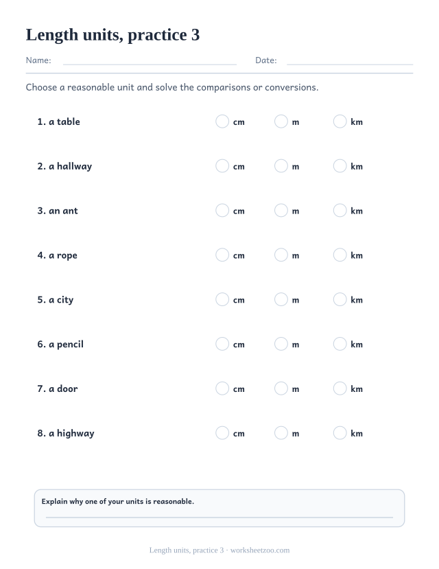 Measurement Worksheets page for Length units, practice 3