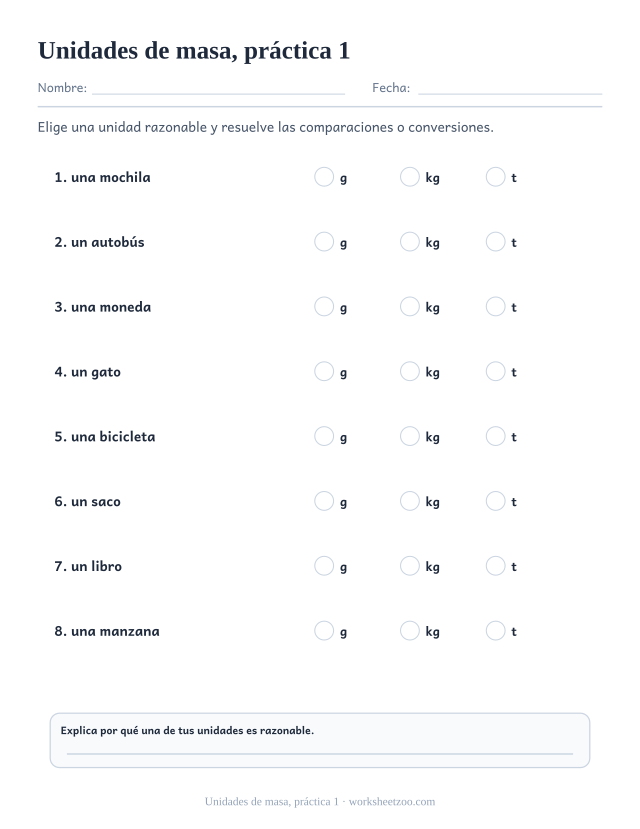 Fichas de medidas de unidades de masa, práctica 1