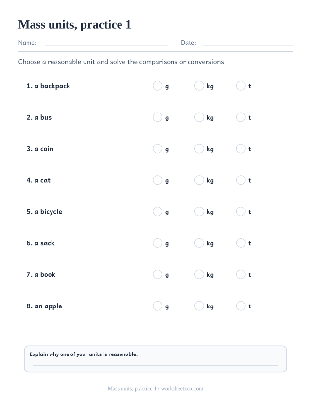 Measurement Worksheets page for Mass units, practice 1