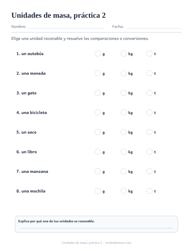 Fichas de medidas de unidades de masa, práctica 2