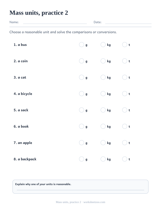 Measurement Worksheets page for Mass units, practice 2