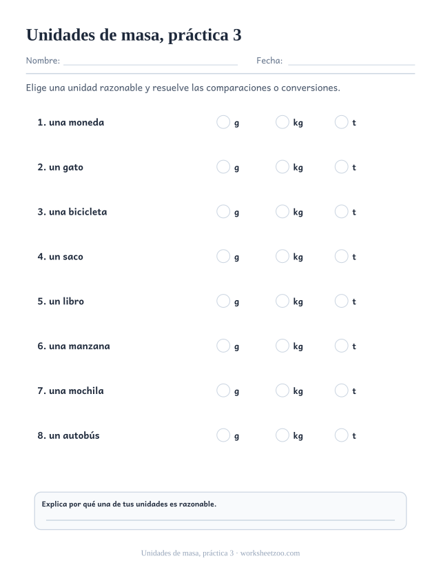 Fichas de medidas de unidades de masa, práctica 3