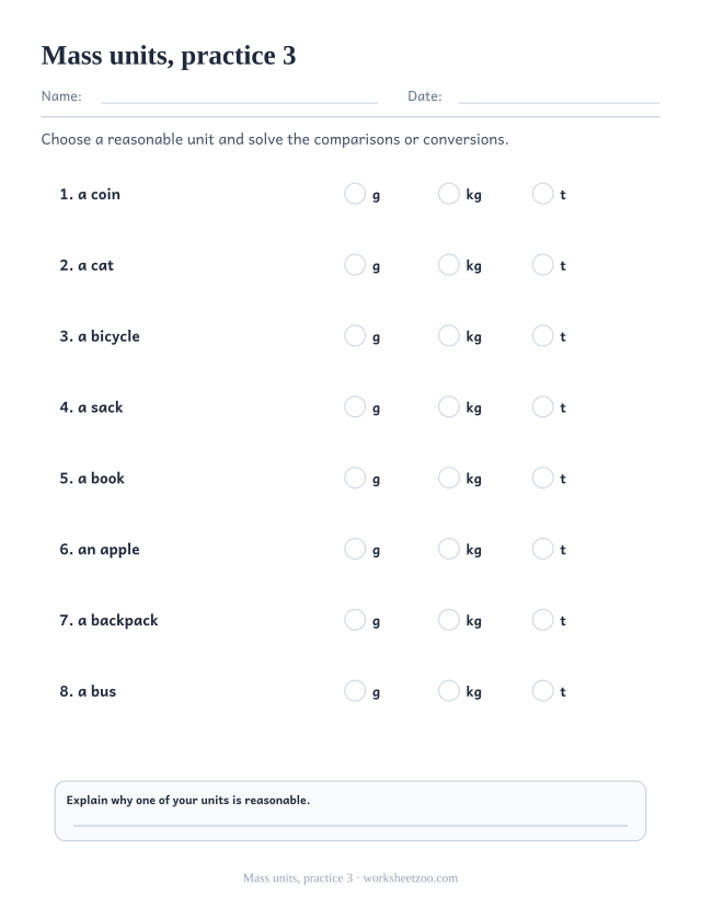 Measurement Worksheets page for Mass units, practice 3