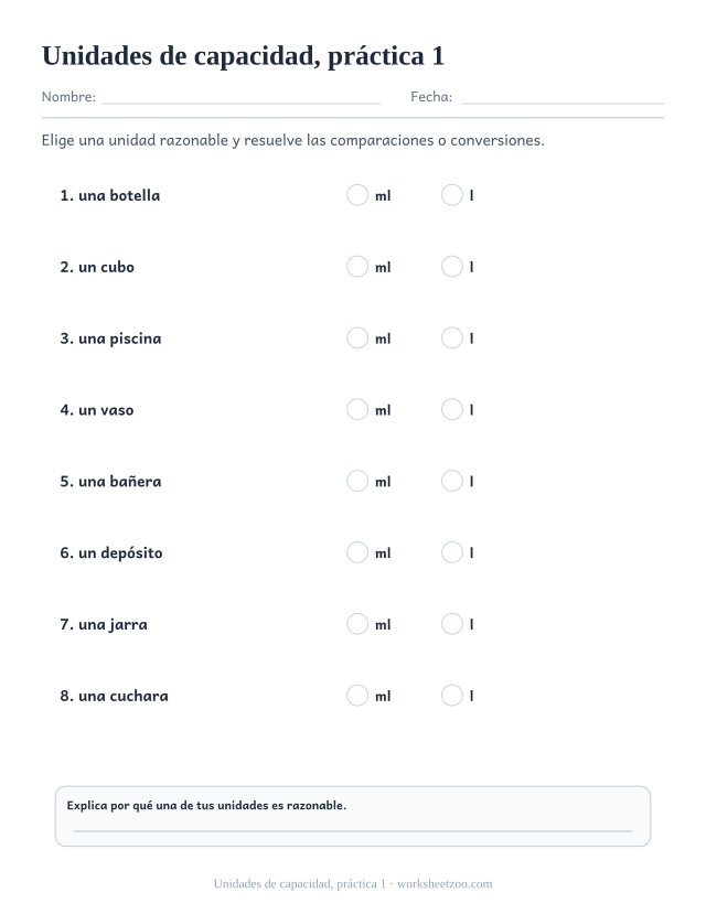 Fichas de medidas de unidades de capacidad, práctica 1