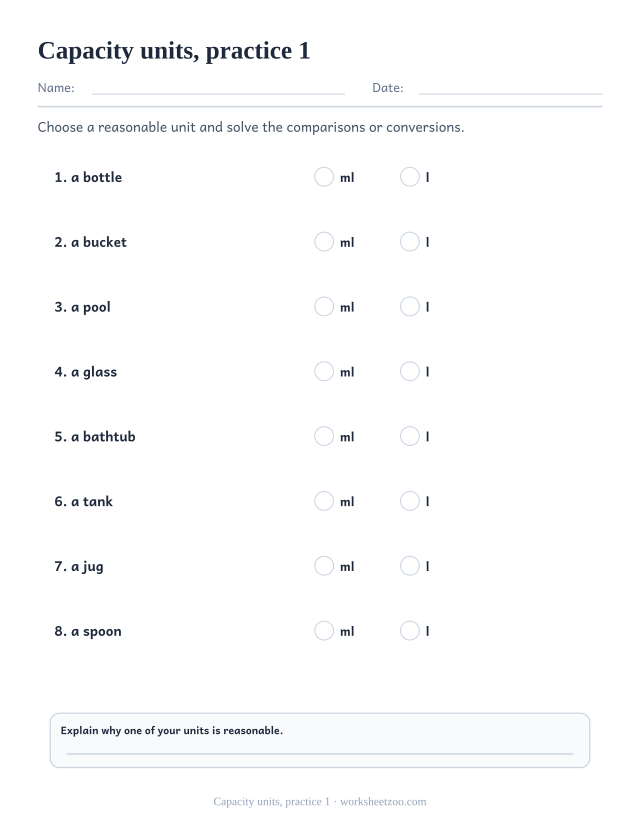 Measurement Worksheets page for Capacity units, practice 1