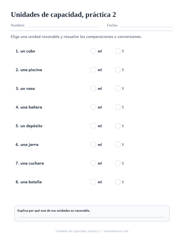 Fichas de medidas de unidades de capacidad, práctica 2
