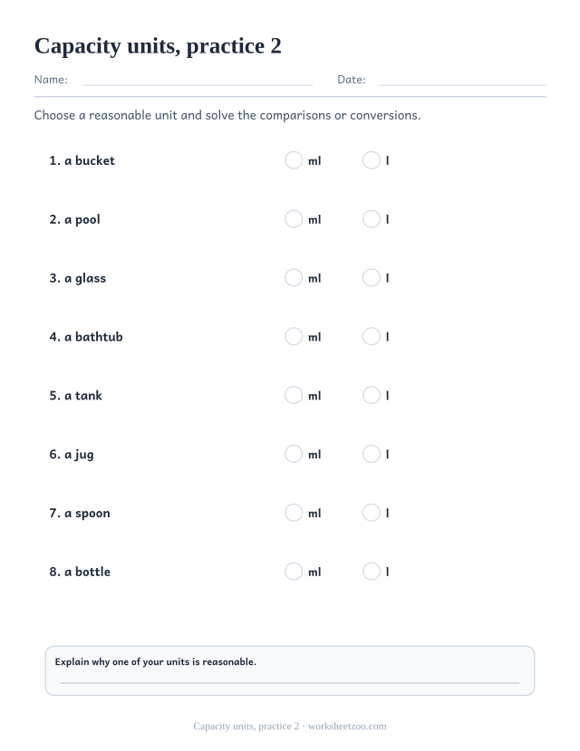 Measurement Worksheets page for Capacity units, practice 2