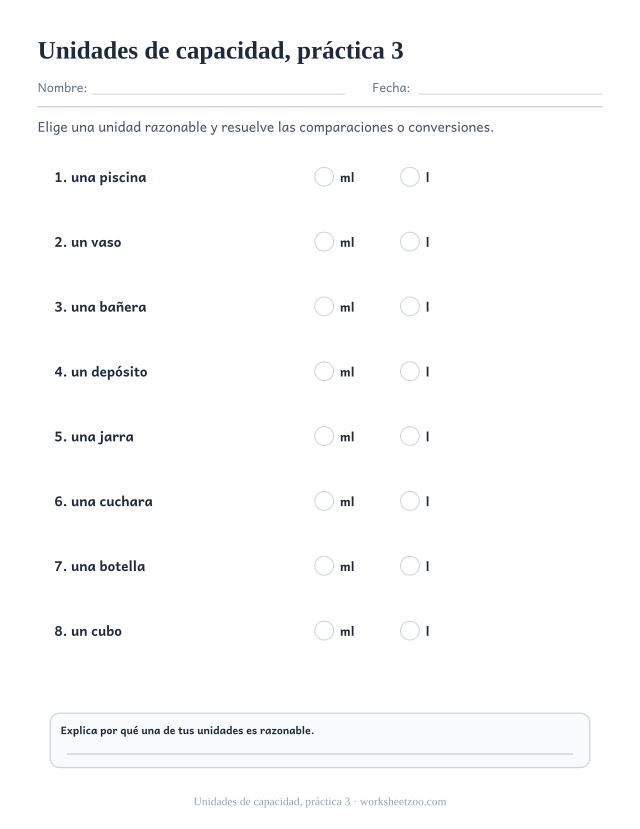 Fichas de medidas de unidades de capacidad, práctica 3