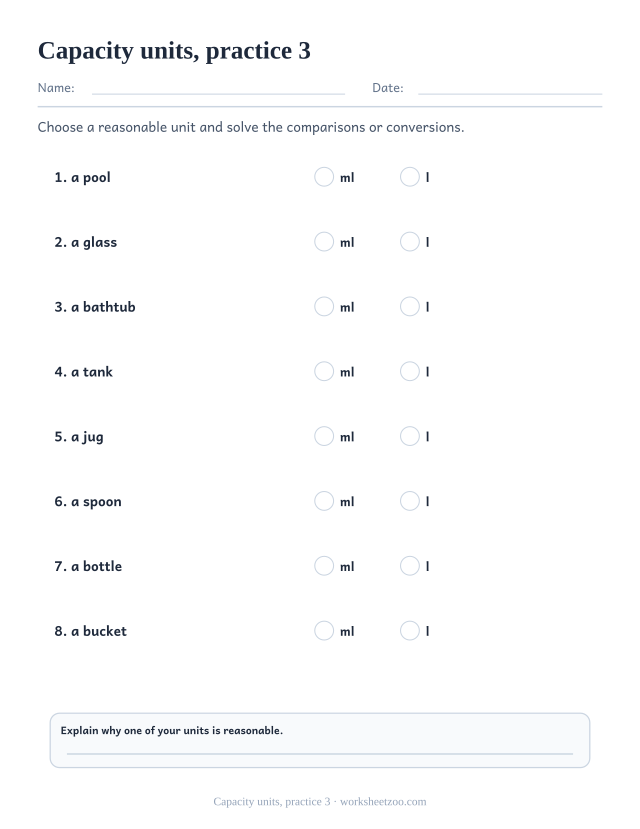 Measurement Worksheets page for Capacity units, practice 3