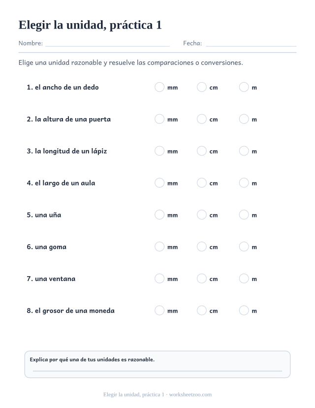 Fichas de medidas de elegir la unidad, práctica 1