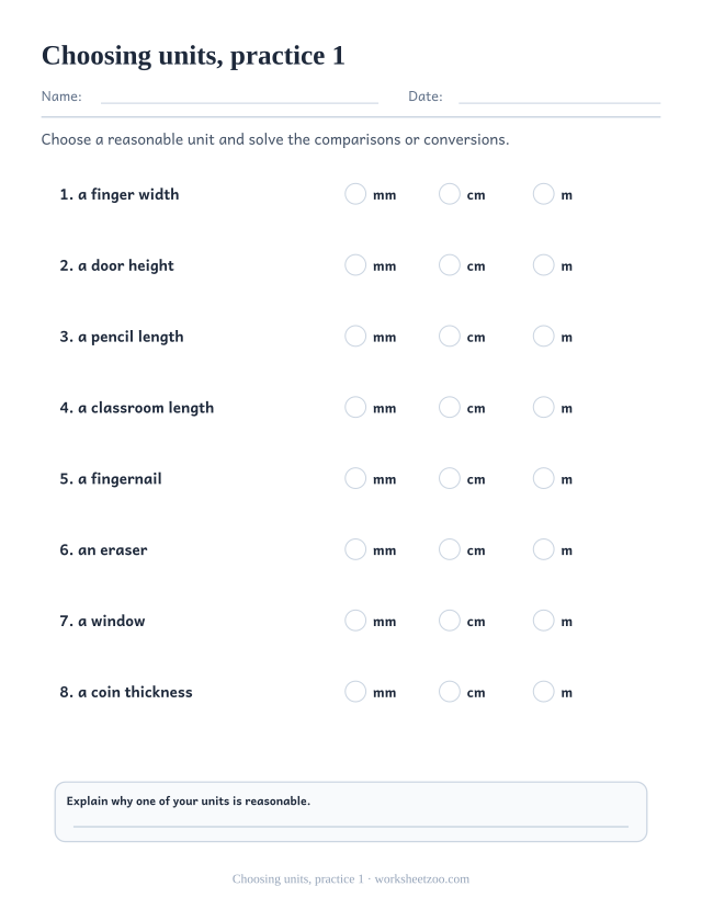 Measurement Worksheets page for Choosing units, practice 1