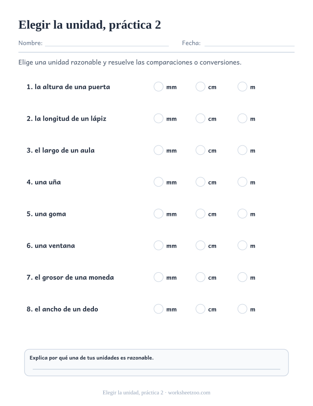 Fichas de medidas de elegir la unidad, práctica 2